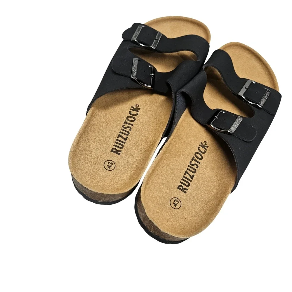 Ruizustock Sandals Mens 43 Black Double Strap Buckle Slide Comfort Cork Footbed
